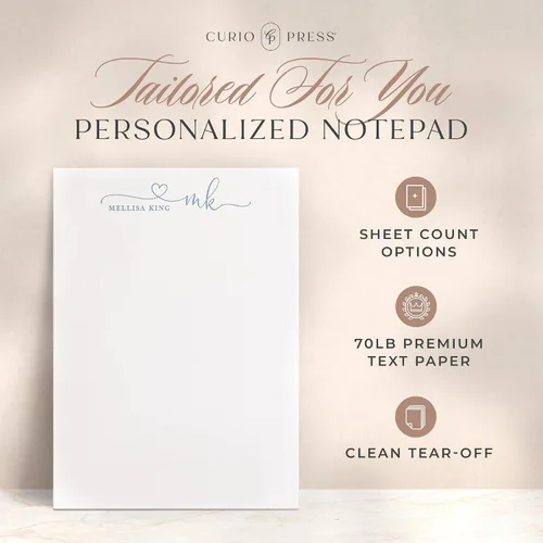 Vista 2 de Bloc de notas personalizado, 50 o 100 hojas, bloc de notas de papelería personalizado, 3 tamaños, papelería monograma con iniciales
