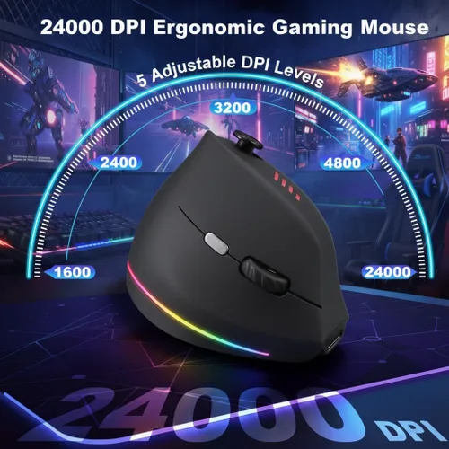 Vista 2 de TKMARS Ratón inalámbrico para juegos con balancín 5D, modo ri, 24000 DPI 12 botones programables, mouse ergonómico para túnel carpiano, recargable