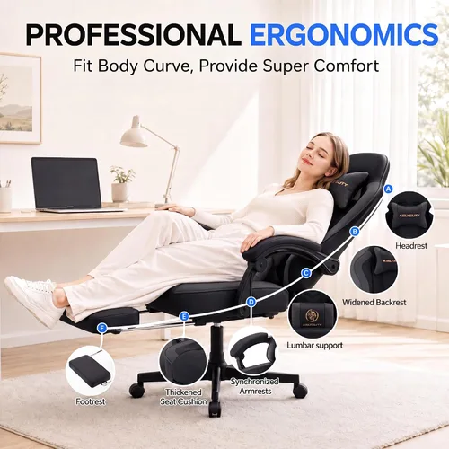Vista 5 de Silla de escritorio para juegos para computadora, silla de oficina ergonómica de respaldo alto con reposapiés y soporte lumbar, sillas giratorias
