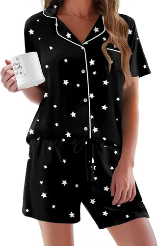 Vista 34 de Ekouaer - Conjunto de pijamas de manga corta para mujer, con botones, suave, 2 piezas, conjuntos de descanso, tallas XS-XXXL Verde Aqua