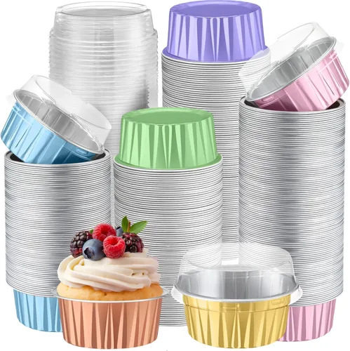 Vista 19 de Paquete de 200 forros de aluminio para cupcakes con tapas, color negro, liso 5 oz Round Baking Cup, Disposable Ramekin Container, Wedding
