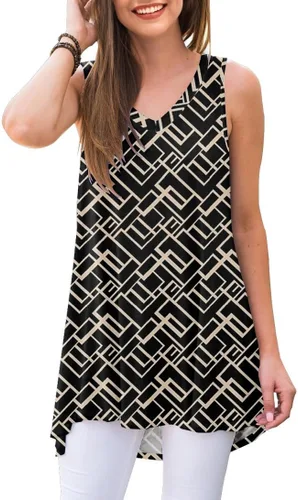 Vista 18 de AWULIFFAN - Blusa de verano sin mangas con cuello en V, túnica, top, para mujer 01 Negro