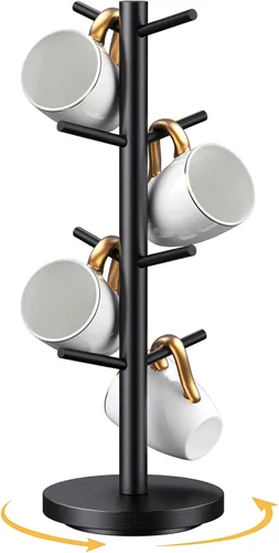 Vista 3 de Soporte para taza de café, soporte para taza de café giratorio de 360° mejorado para mostrador, árbol de taza de café de madera, estante para tazas