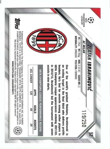 Vista 2 de ZLATAN IBRAHIMOVIC 2021-22 Topps UEFA Champions League Soccer #52 - Tarjeta PARALELA AMARILLA # 119 de solo 250 Made! AC Milan Suecia
