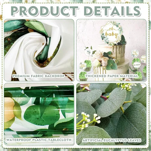 Vista 4 de Decoración de baby shower verde salvia para niñas y niños, 99 piezas, suministros de fiesta neutros con mantel de telón de fondo Oh Baby, kit