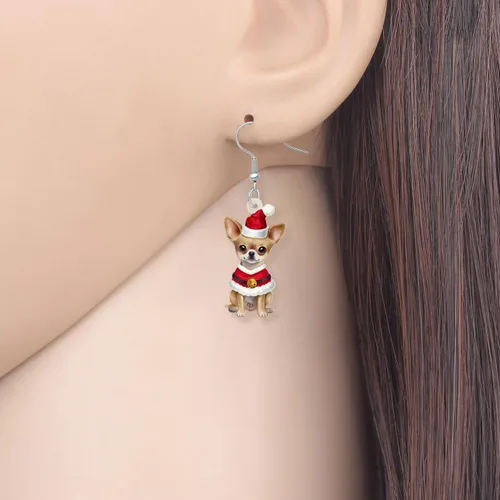 Vista 2 de Newei - Pendientes colgantes de Navidad con diseño de perro, joyería para regalos para mujeres y niñas Chihuahua E