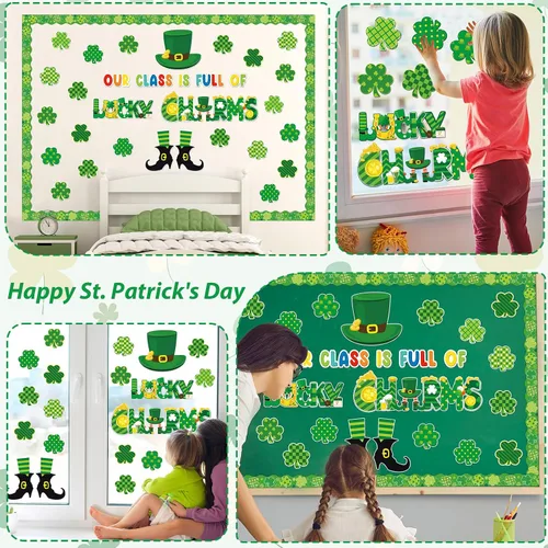 Vista 7 de gisgfim Juego de decoración de tablón de anuncios del día de San Patricio, recortes de bordes de trébol de la suerte para fiestas, escuela, aula