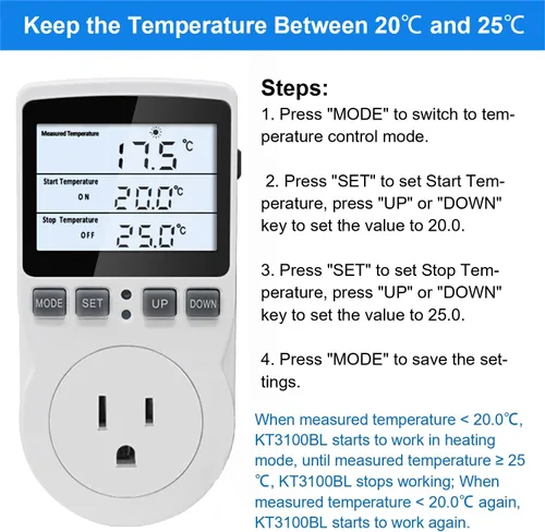 Vista 5 de KETOTEK Termostato de enchufe controlador de temperatura digital con retroiluminación LCD 120V, enchufe de control de temperatura de calefacción