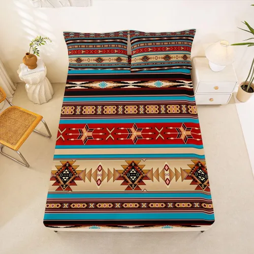 Vista 64 de Juego de ropa de cama de estilo bohemio occidental, tamaño individual, diseño de vaca atrapasueños, sábana bajera ajustable del suroeste, tribu