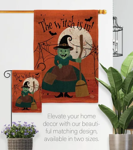 Vista 8 de Juego de banderas de Halloween con estacas de jardín, cartel de arpillera para puerta, soporte de pared, tumba, porche, tapiz al aire libre, bruja