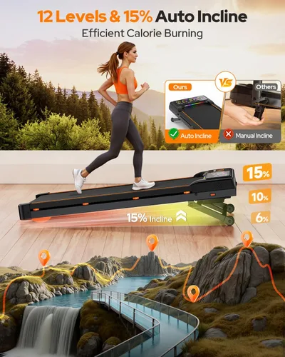 Vista 10 de Walking Pad Treadmill with 15% 12-Level Auto Incline, 450 lbs Capacity UI Screen, Trisomy 3.5HP Quiet Under Desk Treadmill with Speaker & Remote