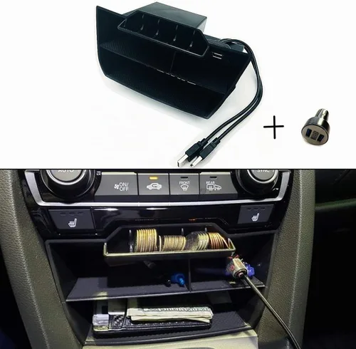Vista 6 de Caddy impermeable de plástico ABS para Honda Civic Sedan 10ª generación, caja de consola central, bandejas para monedas, organizador con cable