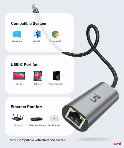 Vista 6 de uni Adaptador USB-C a Ethernet de 2.5 Gbps, Blazing Fast Type-C (compatible con Thunderbolt 4/3) a RJ45, adaptador de red Gigabit de aluminio