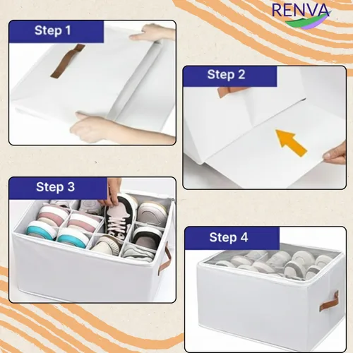 Vista 6 de RENVA Shoe Organizer for Closet, Foldable Shoe Storage Bins with Clear Cover, Large Shoe Box Storage Container with two sides PU handles, Fits up to