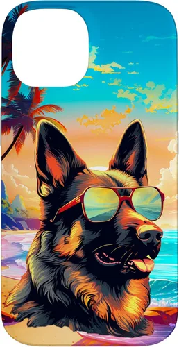 Vista 4 de Funda para iPhone 16 con diseño de pastor alemán, para amantes de los perros, playa, mar, para niños y niñas