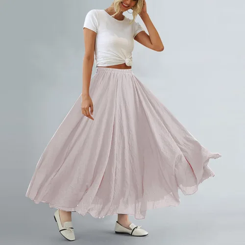 Vista 5 de ASHER FASHION Falda larga estilo bohemio con cintura elástica de algodón y lino para mujer Beige