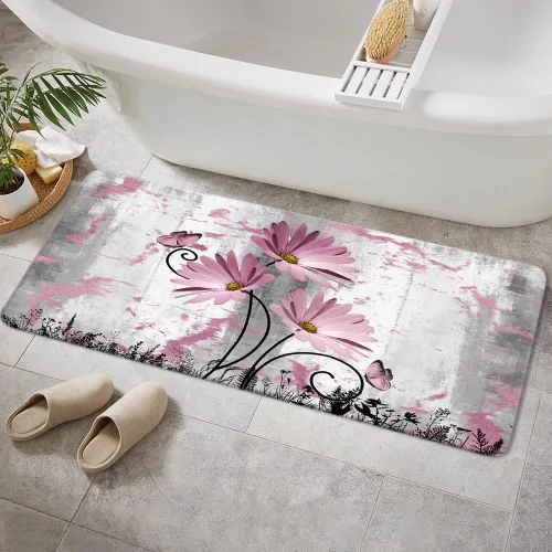 Vista 16 de Alfombra de baño rústica de granja, diseño de margaritas y mariposas en madera de campo, tapete de baño de madera color gris, blanco, azul marino