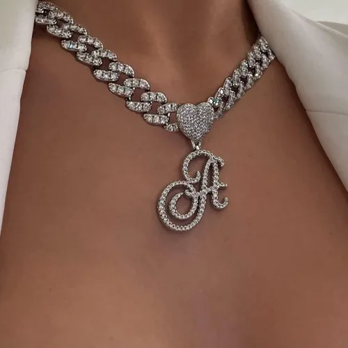 Vista 3 de BLBLJERY Collares con iniciales, cadena de eslabones cubanos de plata para mujer, cadena helada con dije de letra de corazón, cadena personalizada