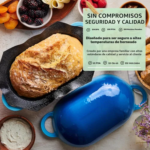 Vista 6 de LoafNest: Kit de pan artesanal increíblemente fácil. Horno holandés de hierro fundido [gradiente azul] y forro de silicona antiadherente perforado.