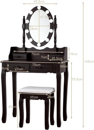 Vista 2 de DORTALA Juego de mesa de tocador, tocador de maquillaje con 10 bombillas regulables, espejo iluminado y 4 cajones, taburete acolchado, patas