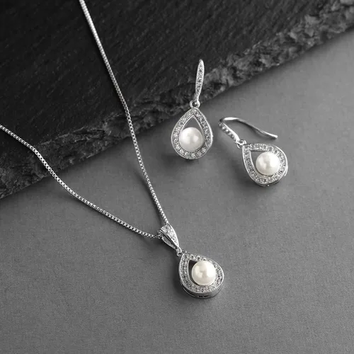 Vista 6 de Mariell Collar de perlas y aretes de gota para novias, damas de honor, regalo de cumpleaños