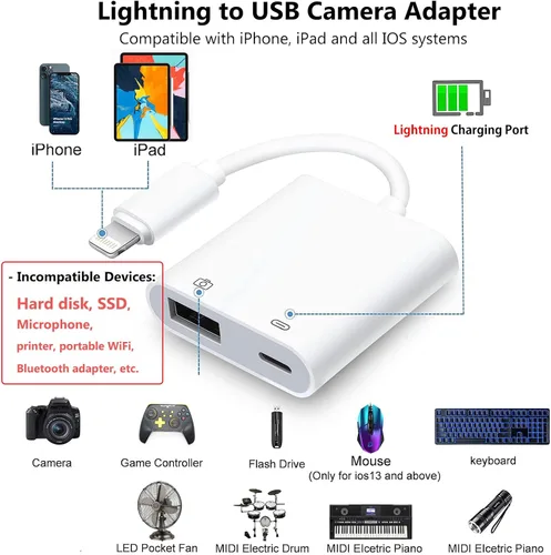 Vista 2 de KikoSaka Adaptador Lightning a USB para cámara para iPhone con puerto de carga Lightning Cable OTG USB 3.0 hembra Teclado Mouse Sin soporte para USB