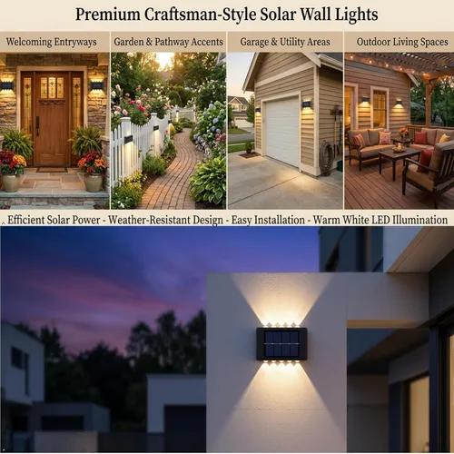 Vista 8 de ASLIDECOR 10 luces LED solares de pared hacia arriba, paquete de 4 lámparas iluminadas con sensor de luz solar al aire libre, IP65, impermeable