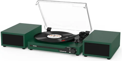 Vista 10 de Reproductor de discos de vinilo con altavoces, tocadiscos portátil Bluetooth para discos de vinilo, fonógrafo LP con reproductor de 3 velocidades