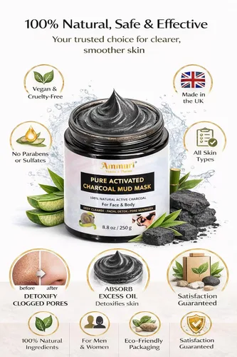 Vista 5 de Máscara de barro facial y corporal de carbón activado puro para hombres y mujeres, 8.82 oz - Tina extragrande para poros obstruidos, impurezas