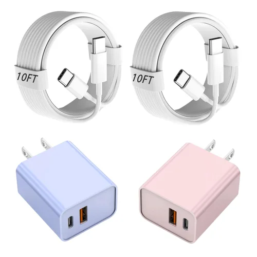 Vista 9 de Cable de carga rápida de 3 metros para iPhone 17/16e, paquete de 2 adaptadores Apple QC de 20 W con 2 puertos USB A+C y cable de carga rápida USB C