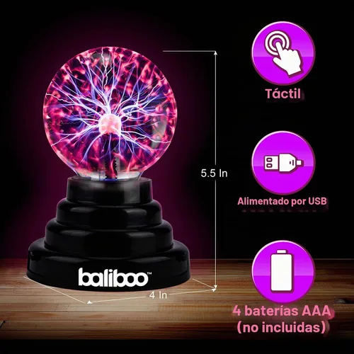 Vista 2 de BALIBOO Lámpara de bola de plasma mini de 7,6 cm – Globo de rayos activado por toque – Lámpara de globo de plasma USB y a pilas – Bola