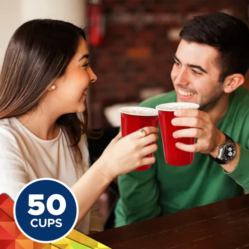 Vista 5 de PAMI Vasos de plástico rojos Easy Grip para fiestas [Paquete de 50] – Vasos desechables de 18 onzas – Vasos de plástico para té helado, batidos