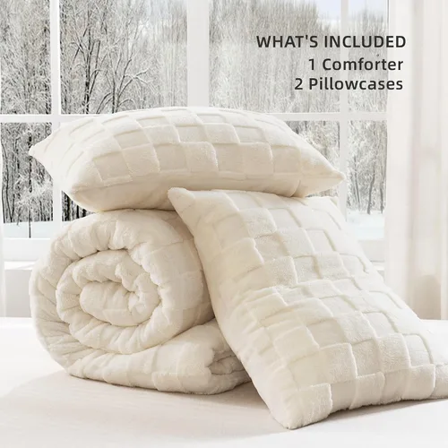 Vista 7 de Litanika - Juego de edredón esponjoso tamaño individual color beige, 3 piezas, ropa de cama de sherpa de felpa cálida para invierno, juego de cama