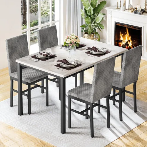 Vista 7 de Hooseng Juego de mesa de comedor para 4 mesas de comedor de 5 piezas de mármol sintético con 4 modernas sillas tapizadas de terciopelo para espacios