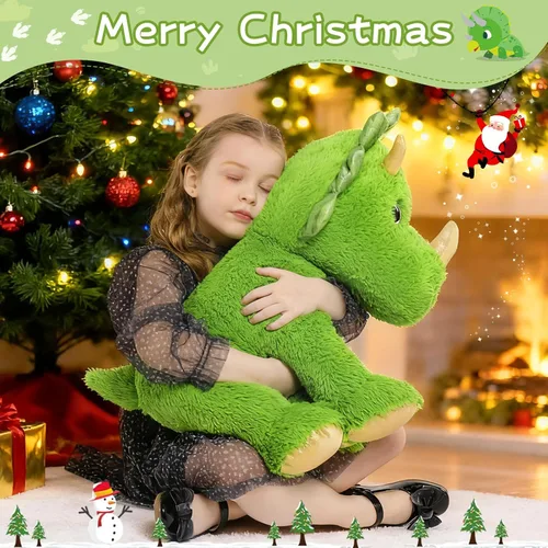 Vista 6 de Muiteiur Triceratops - Animal de peluche gigante de dinosaurio para mamá con 3 bebés pequeños, juguete de dinosaurio de felpa suave verde, regalo