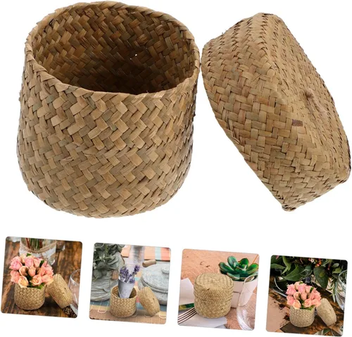 Vista 9 de Caja tejida hecha a mano de la cesta de la flor de la paja mini maneja redonda de la cesta