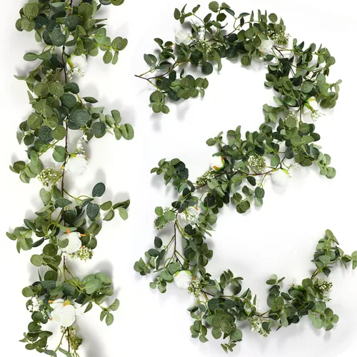 Vista 7 de Geosar - 2 guirnaldas de eucalipto de 6.5 pies con 20 luces LED, flores de rosas Artificial Flower Vines for Wedding Arch Backdrop Table