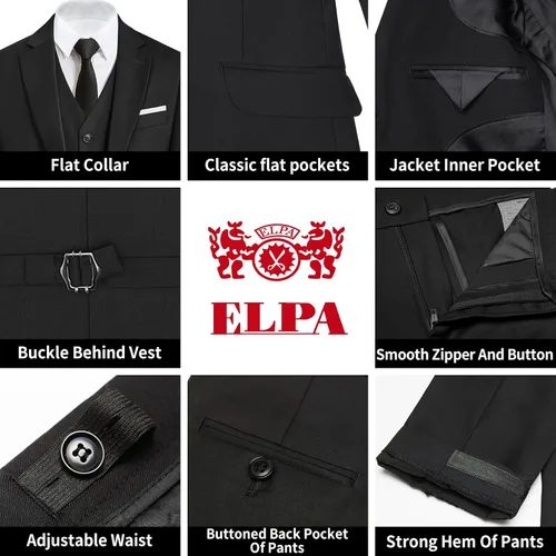 Vista 4 de ELPA ELPA Conjunto de traje formal para niños, trajes de vestir ajustados, trajes negros, trajes azules, trajes grises, conjunto con chaqueta