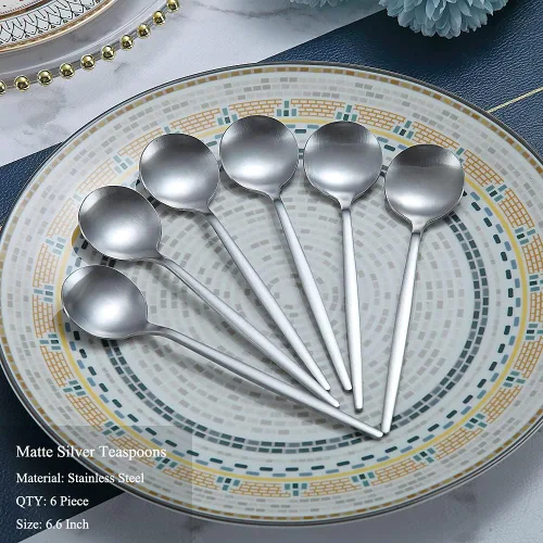 Vista 2 de Matt Silver - 6 cucharaditas de té de acero inoxidable para el hogar, cocina o restaurante, aptas para lavavajillas