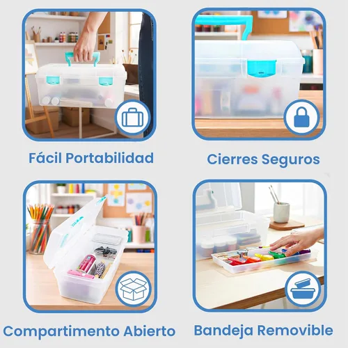 Vista 4 de ArtBin 6937AG Essentials contenedor con bandeja extraíble, organizador portátil de arte y manualidades con asa y bandeja, transparente/aguamarina