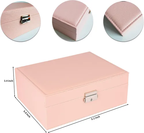 Vista 4 de Joyero organizador para mujeres y niñas joyero de doble capa con cerradura y llave almacenamiento de joyas de piel sintética con bandeja extraíble