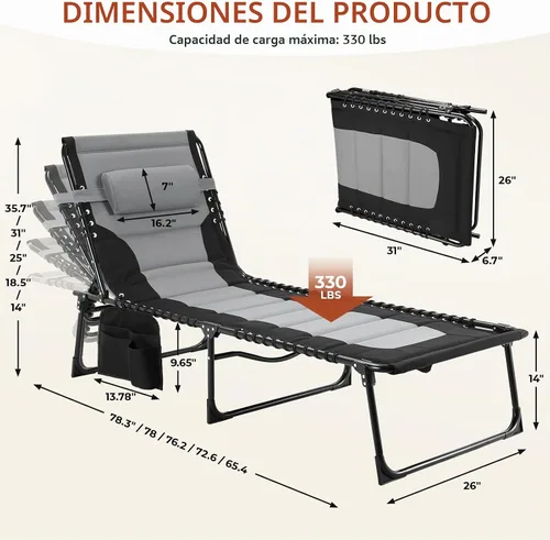 Vista 3 de TLSUNNY Sillón plegable acolchado con almohada y bolsillo lateral Negro- gris