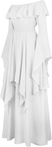 Vista 4 de Vestido medieval renacentista para mujer, vestido largo de cintura alta, victoriano, vintage, Halloween, un hombro, gótico, vestidos góticos