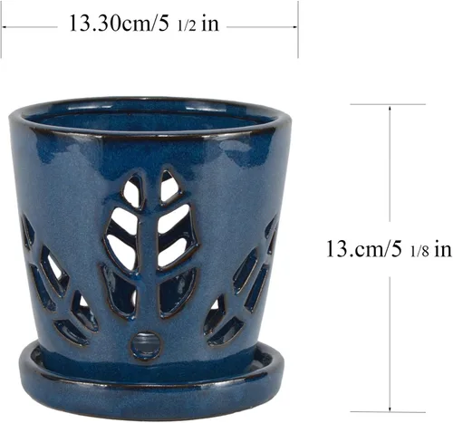 Vista 6 de W&W Maceta de orquídeas con agujeros y platillo para trasplantar, azul, 5.5 pulgadas azul (Blue 5.5")