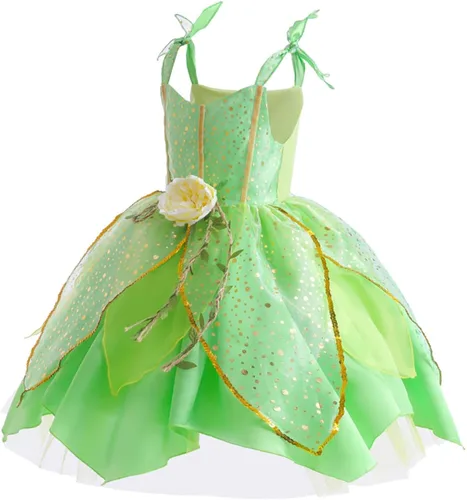 Vista 4 de Disfraz de hada de flores, conjunto de disfraz de princesa para niñas, Tinker Bell ropa para Halloween, disfraz de cosplay con ala, verde