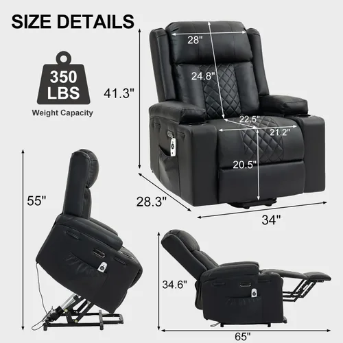 Vista 2 de Silla reclinable eléctrica para personas mayores con masaje por vibración y calefacción lumbar, sofá individual eléctrico de piel sintética