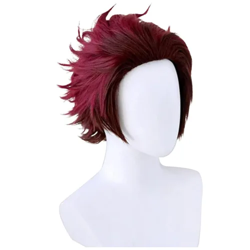 Vista 3 de Tanjiro - Peluca de cosplay Demon Slayer con aretes marcados Kimetsu No Yaiba, peluca de anime negro y rojo con gorra de peluca, peluca de cosplay