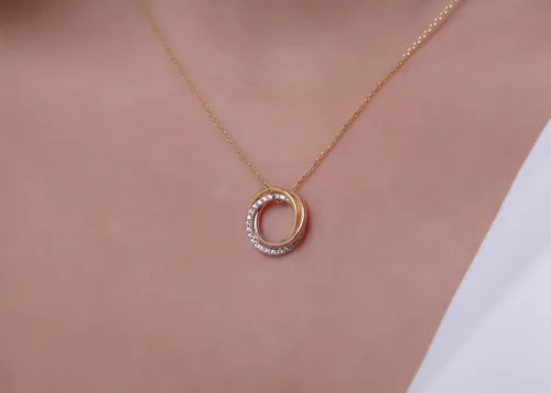 Vista 7 de Delicado collar de diamantes Trinity en oro macizo de 9K, 14K y 18K, collar tricolor de círculo entrelazado, collar de amor de eternidad de diamantes