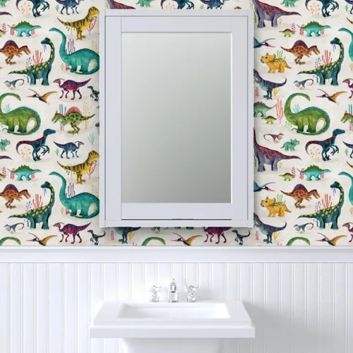 Vista 9 de Muestras de papel tapiz para despegar y pegar, dinosaurios, brillantes, grandes, verdes, para niños, rayas grises, dibujado a mano, dinosaurios