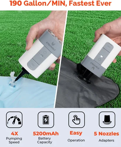 Vista 2 de ETENWOLF AIR 5 - Bomba de aire para inflables, bomba de aire eléctrica portátil con batería de 5200 mAh, inflador rápido y desinflador 4X, bomba